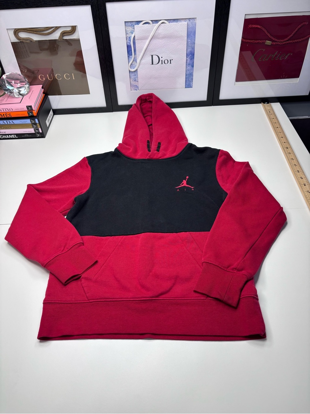 Air Jordan Red and Black Colorblock Kids Pullover Hoodie EUC Size M